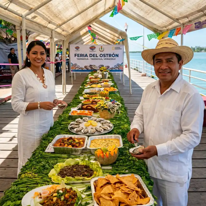 Un hombre con sombrero de paja y una mujer vestidos de blanco mostrando platillos y ostiones en una mesa larga durante la Feria del Ostión en Tamiahua Veracruz