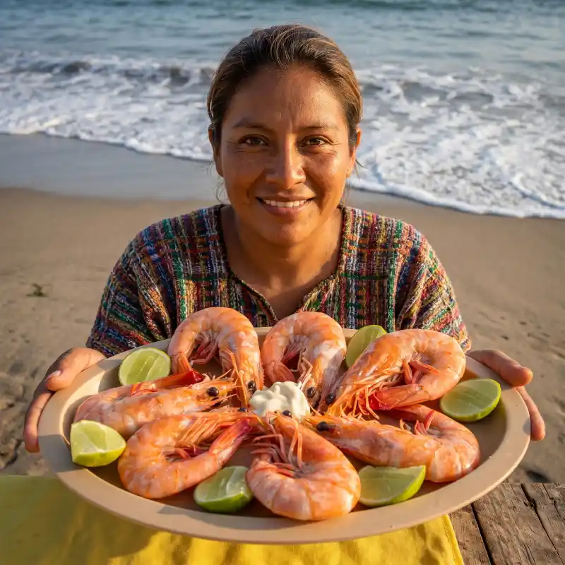 Mujer local sonriendo mientras muestra un platillo de camarones gigantes frescos con limones en una playa de Tamiahua Veracruz.