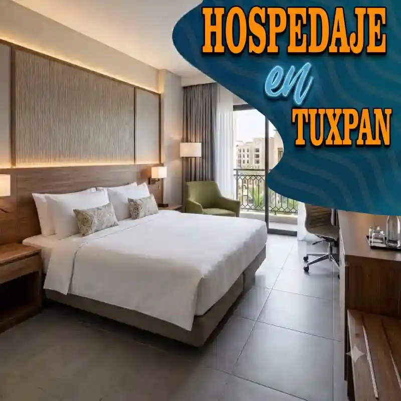 Banner publicitario con el texto Hospedaje en Tuxpan, mostrando el interior de una habitación de hotel moderna y confortable con una cama grande, acabados de madera y balcón hacia el exterior.