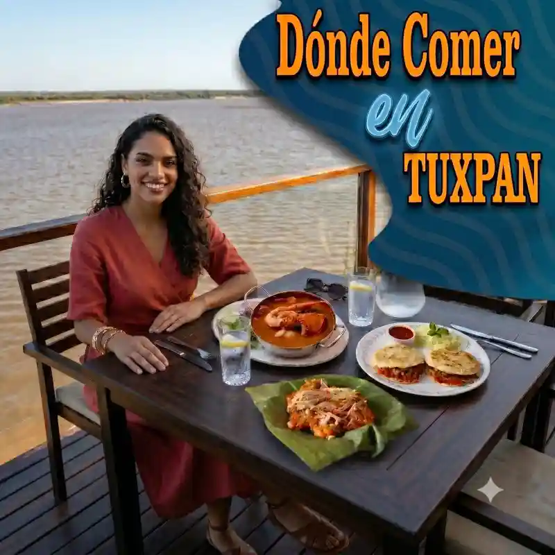 Banner promocional que dice Dónde Comer en Tuxpan, mostrando a una mujer sonriendo en la terraza de un restaurante junto al río con una mesa llena de comida típica como zacahuil, bocoles y mariscos.