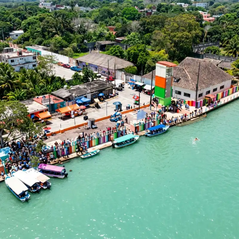 Vista aérea con dron del colorido Malecón de Nautla, Veracruz, durante una festividad con personas congregadas a la orilla del río, lanchas turísticas atracadas y vegetación tropical, una experiencia de Alma Totonaca en Explora Veracruz.