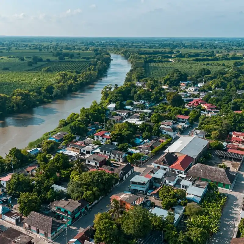 Vista aérea panorámica de Jicaltepec, Nautla, destacando su arquitectura histórica con influencia francesa a orillas del río en Veracruz.