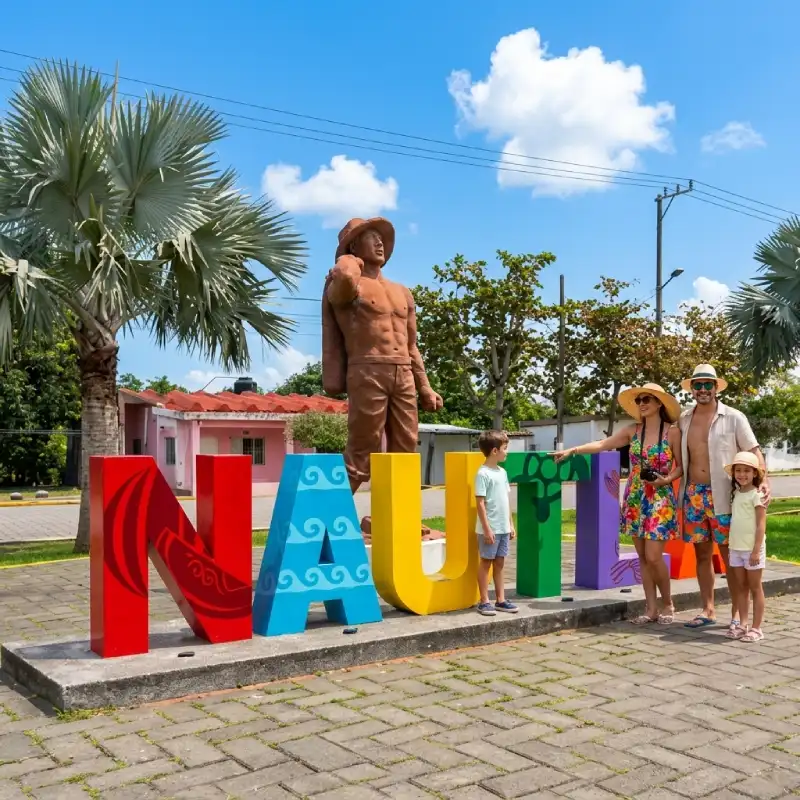Una familia alegre posa para una foto de recuerdo junto a las coloridas letras monumentales que deletrean 'NAUTLA' y una estatua detrás de ellas, en un día soleado en Nautla, Veracruz, México, en el sitio de Alma Totonaca, Explora Veracruz.