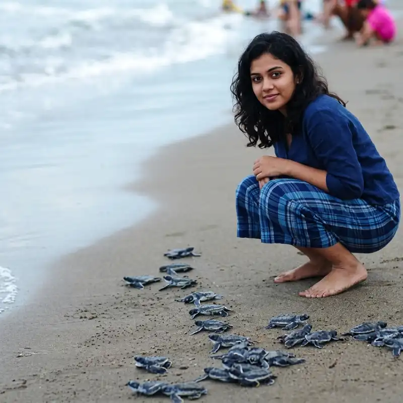 Una joven turista observa de cerca a un grupo de crías de tortuga marina recién nacidas que avanzan por la arena hacia las olas del mar en una playa de Nautla, Veracruz, como parte de las experiencias de Alma Totonaca en Explora Veracruz.