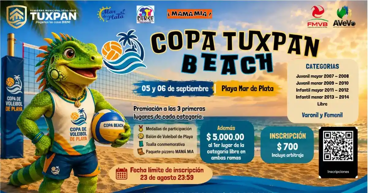 Cartel oficial de la Copa Tuxpan Beach mostrando fechas del 5 y 6 de septiembre, categorías, premios de 5 mil pesos y código QR para inscripción al torneo de voleibol en Playa Mar de Plata