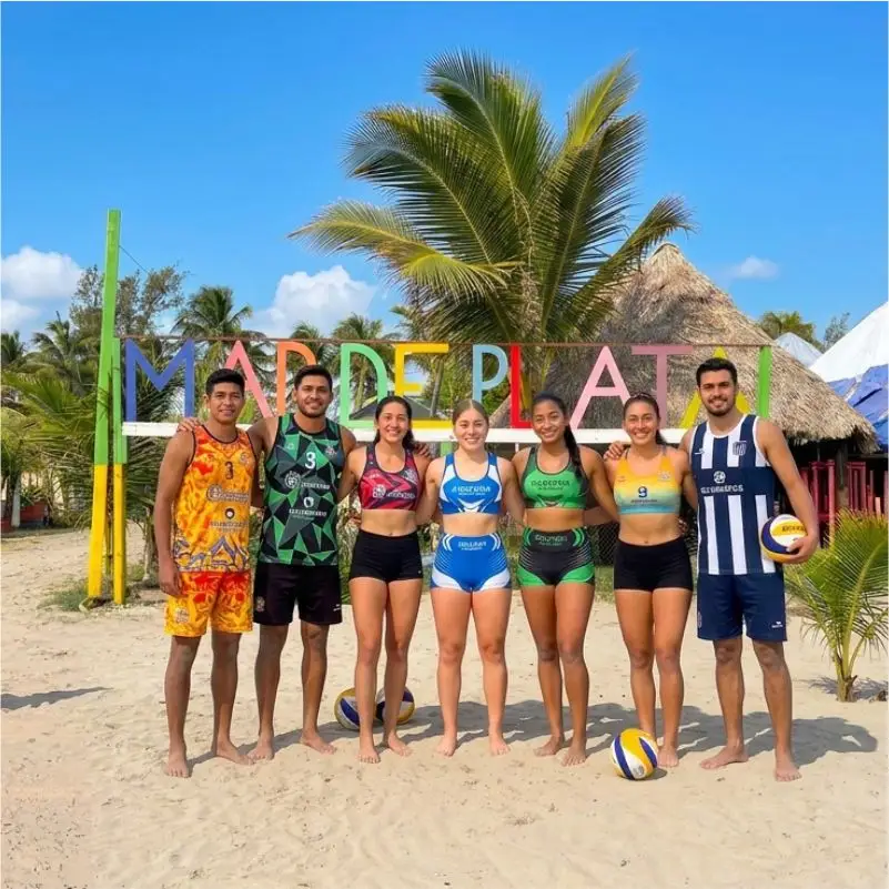 Grupo de jugadores y jugadoras posando en la sede Mar de Plata representando las categorías varonil y femenil del torneo de voleibol Copa Beach Tuxpan.