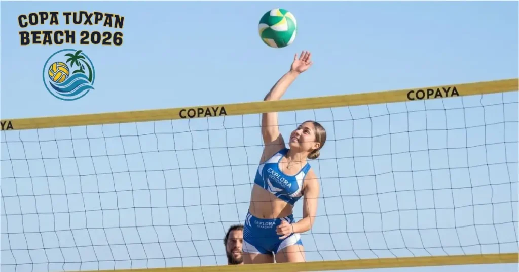 Jugadora rematando en la red durante la Copa Beach Tuxpan 2026, el torneo de voleibol de playa más importante de Veracruz.