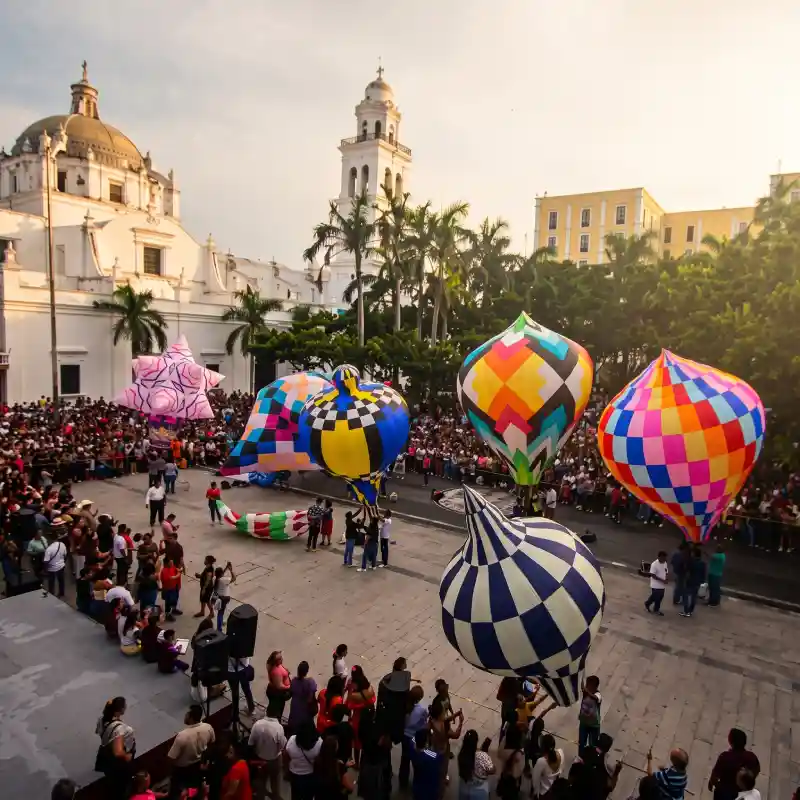 Familias y artesanos elevando tradicionales globos coloridos de papel china en la plaza principal de San Andrés Tuxtla frente a la catedral.