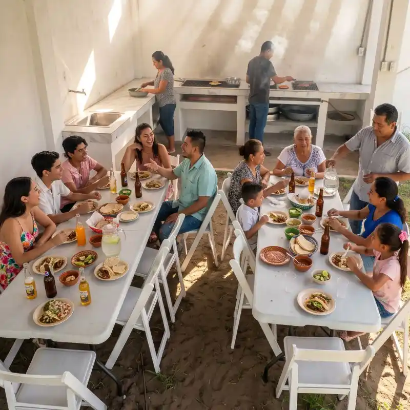 Grupo grande disfrutando de comida y banquete en la zona de parrilladas de Viddazul Casa Vacacional Costa Esmeralda