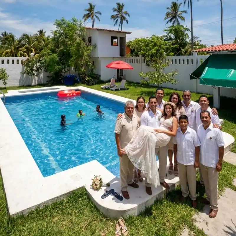 Novio cargando a la novia junto a su familia posando para la foto del recuerdo con la alberca de fondo en Viddazul Costa Esmeralda