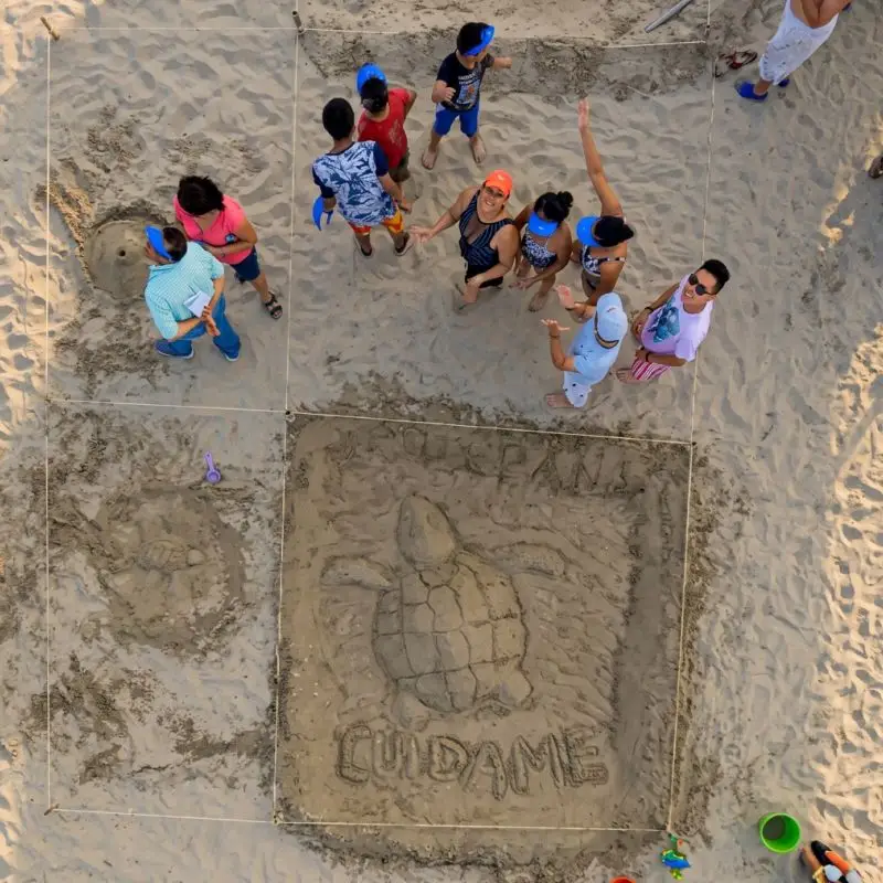 Vista aérea cenital de un concurso de figuras de arena en una playa de Tuxpan Veracruz, mostrando a familias reunidas y una escultura tallada en la arena con la figura de una tortuga y el mensaje "Cuídame".