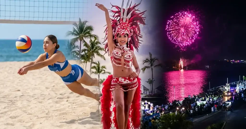 Collage de eventos en Tuxpan Veracruz mostrando un torneo de voleibol de playa, una bailarina de carnaval y un espectáculo de pirotecnia nocturna sobre el río y el malecón.