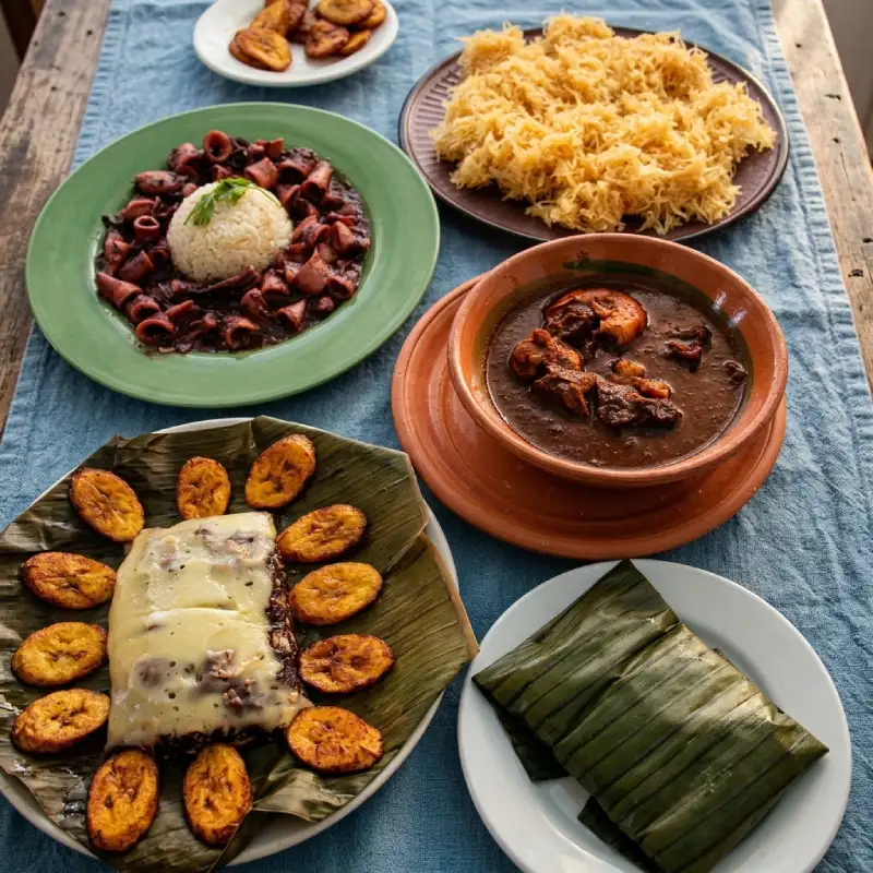 Mesa servida con platillos típicos de la gastronomía de San Andrés Tuxtla, incluyendo tamales en hoja de plátano, plátanos fritos y guisos tradicionales.