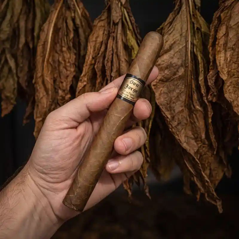Mano sosteniendo un puro artesanal frente a hojas de tabaco secándose en una fábrica de San Andrés Tuxtla, una parada cultural imperdible en las rutas turísticas veracruzanas.