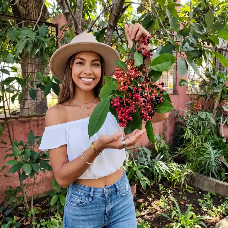Joven turista sonriente sosteniendo ramas con chagalapoli, un fruto silvestre endémico de San Andrés Tuxtla, ideal para descubrir los sabores locales y el turismo en Veracruz.