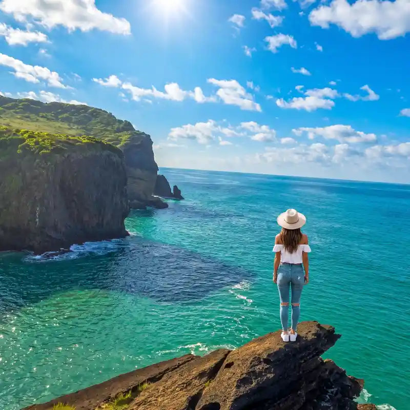 Mujer turista admirando el mar turquesa desde los acantilados de Roca Partida en San Andrés Tuxtla, un destino destacado para explorar las playas de Veracruz y el ecoturismo.