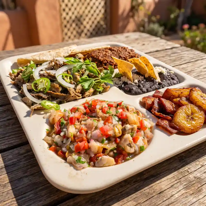 Platillo tradicional de San Andrés Tuxtla servido con carne de chango, tegogolos frescos, plátanos fritos y frijoles, representando la riqueza de la gastronomía y el turismo en Veracruz.