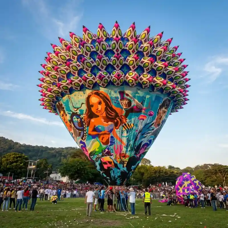 Artesanos preparando la elevación de un globo monumental de papel china multicolor con diseño de picos en el festival de San Andrés Tuxtla, Veracruz.