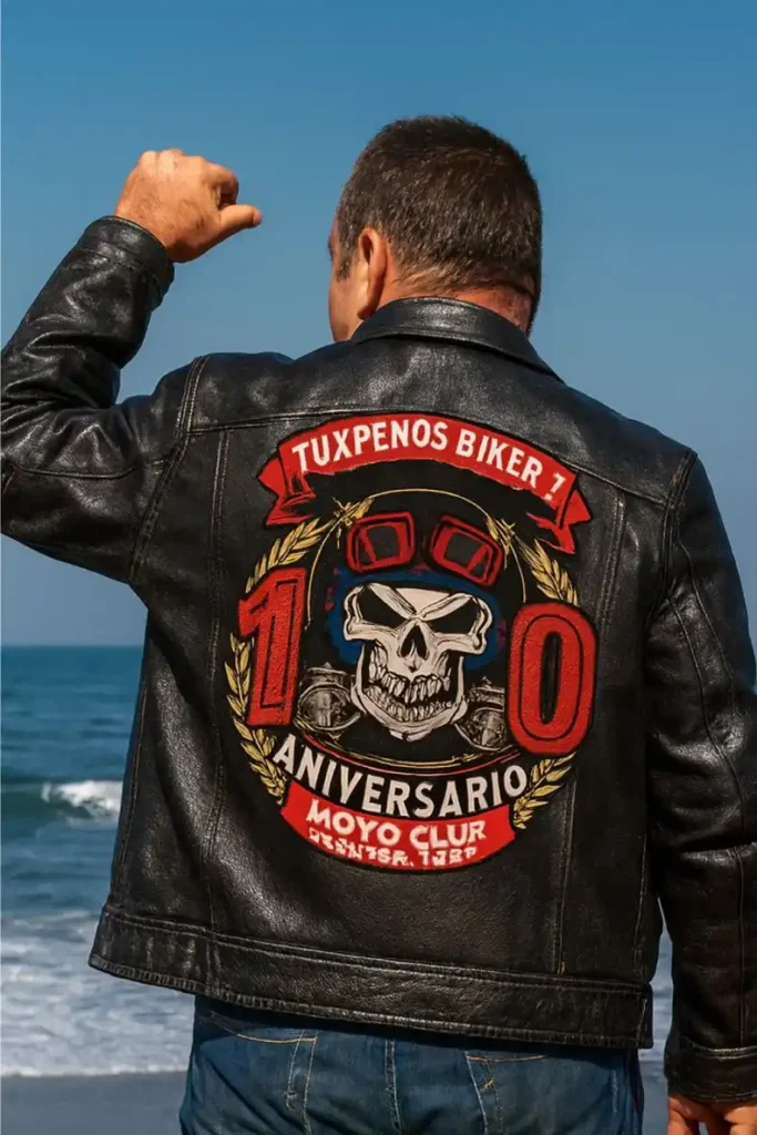 Motociclista de espaldas usando una chamarra de cuero con el parche conmemorativo del 10º Aniversario de Tuxpeños Biker frente al mar.