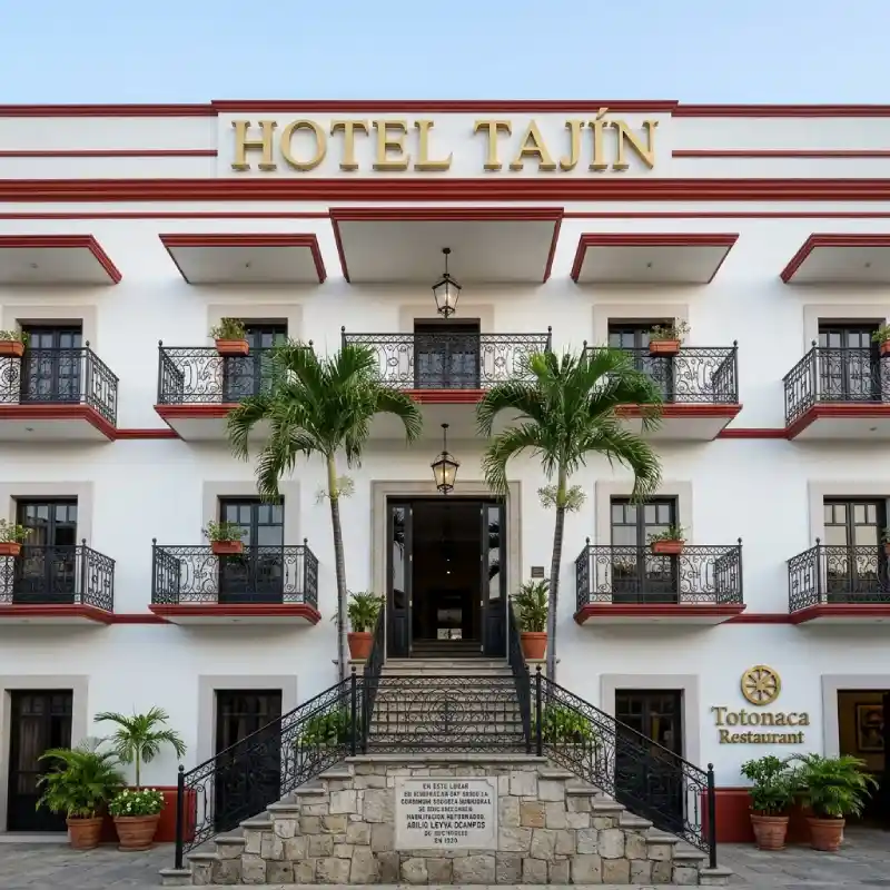 Entrada principal y fachada del Hotel Tajín en Papantla Veracruz con escalinata de piedra, balcones de herrería y acceso a servicios generales
