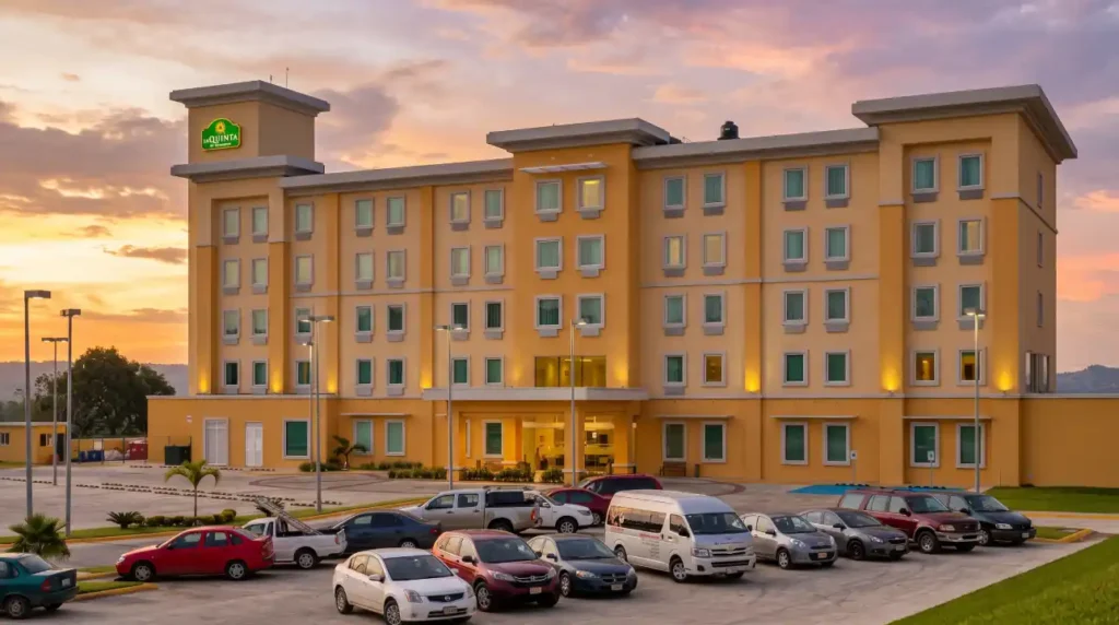 Fachada principal del Hotel La Quinta by Wyndham Poza Rica al atardecer, destacando su arquitectura corporativa y amplio estacionamiento seguro para viajeros de negocios.