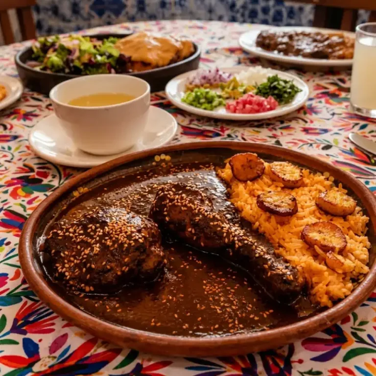 Platillo de mole poblano tradicional con pollo, ajonjolí, arroz y plátanos fritos en el Restaurante La Parroquia del Hotel Tajín Papantla