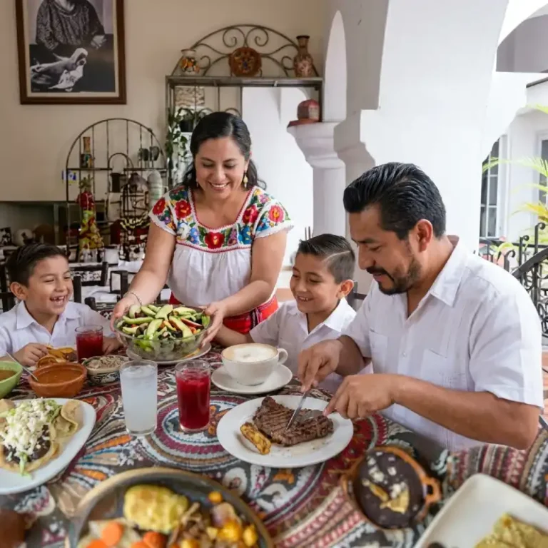 Familia disfrutando una comida tradicional con platillos veracruzanos en el Restaurante La Parroquia del Hotel Tajín Papantla.
