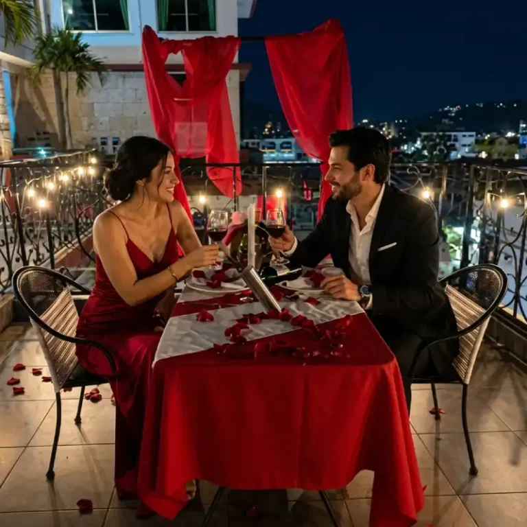 Pareja disfrutando de una cena romántica en la terraza del Restaurante Totonaco en el Hotel Tajín Papantla con vista nocturna a la ciudad.