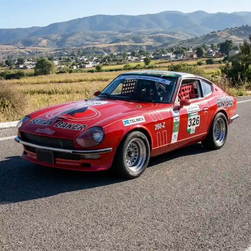 Auto clásico recorriendo paisajes montañosos durante la ruta de la Carrera Panamericana en Veracruz