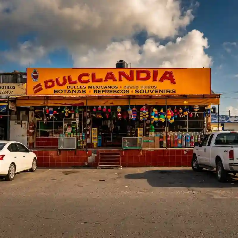 Fachada comercial de Dulcelandia en Central de Abastos con exhibición de piñatas, refrescos, botanas y estacionamiento.