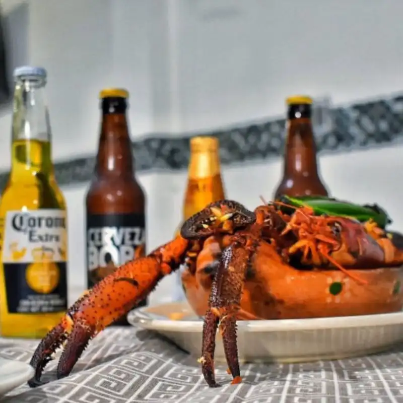 Platillo tradicional de acamayas servidas en cazuela de barro, acompañadas de cervezas frías en Restaurante Moyo, Martínez de la Torre.