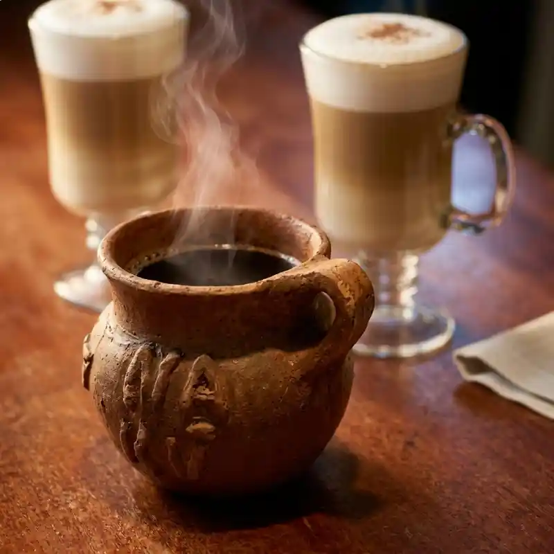 Café de olla humeante en jarrito de barro artesanal junto a cafés frapés con Vainilla de Papantla en Restaurante Nakú, experiencia gastronómica del Alma Totonaca en Explora Veracruz.
