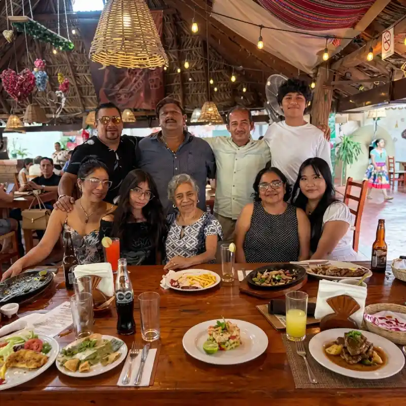 Familia disfrutando de un banquete tradicional con platillos típicos en una mesa de Restaurante Nakú, reflejando la hospitalidad del Alma Totonaca en Explora Veracruz.