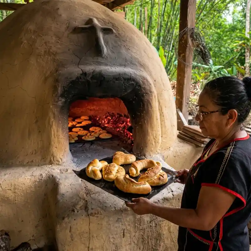 Cocinera tradicional totonaca sacando pan artesanal horneado con leña de chijol en horno de barro, parte de la tradición del Alma Totonaca en Restaurante Nakú en Explora Veracruz.