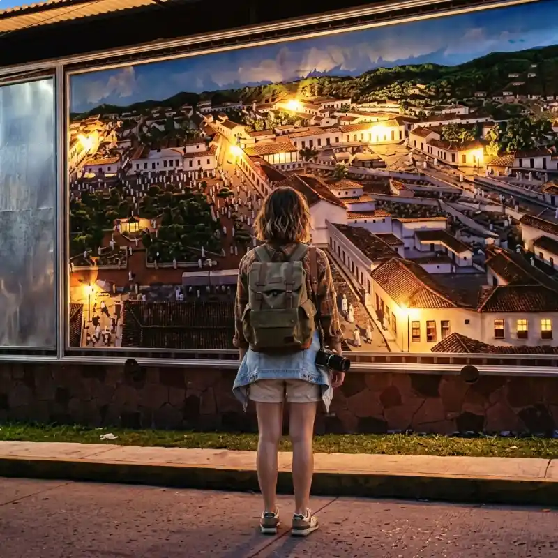Turista contemplando el gran mural panorámico del Pueblo Mágico de Papantla en las instalaciones de Restaurante Nakú, punto de conectividad y ubicación estratégica del Alma Totonaca en Explora Veracruz.
