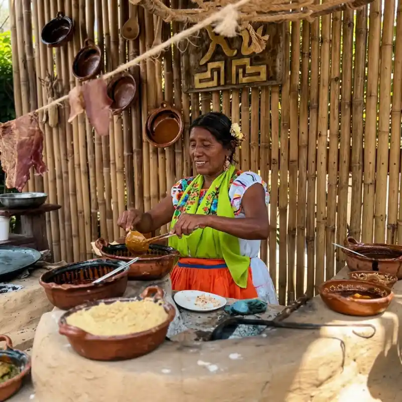 Cocinera tradicional de las Mujeres de Humo preparando guisos ancestrales en cazuelas de barro en el Santuario Culinario de Restaurante Nakú, corazón del Alma Totonaca en Explora Veracruz.