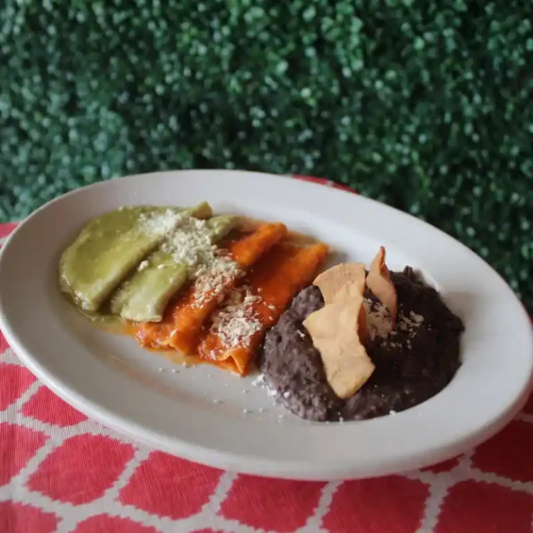 Trío de enchiladas totonacas en salsas verde y roja espolvoreadas con queso artesanal, acompañadas de frijoles negros refritos con totopos de maíz en el Restaurante Plaza Pardo.